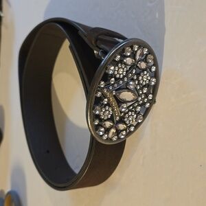 Womens Brown Leather Belt Silver bling rhinestone Buckle Sz.S/M